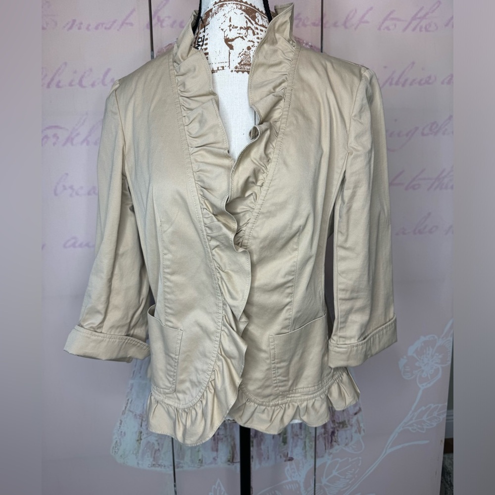 Talbots Ruffled Jacket Women's Sz 8 Tan Khaki Long Sleeve Classic 90s Retro